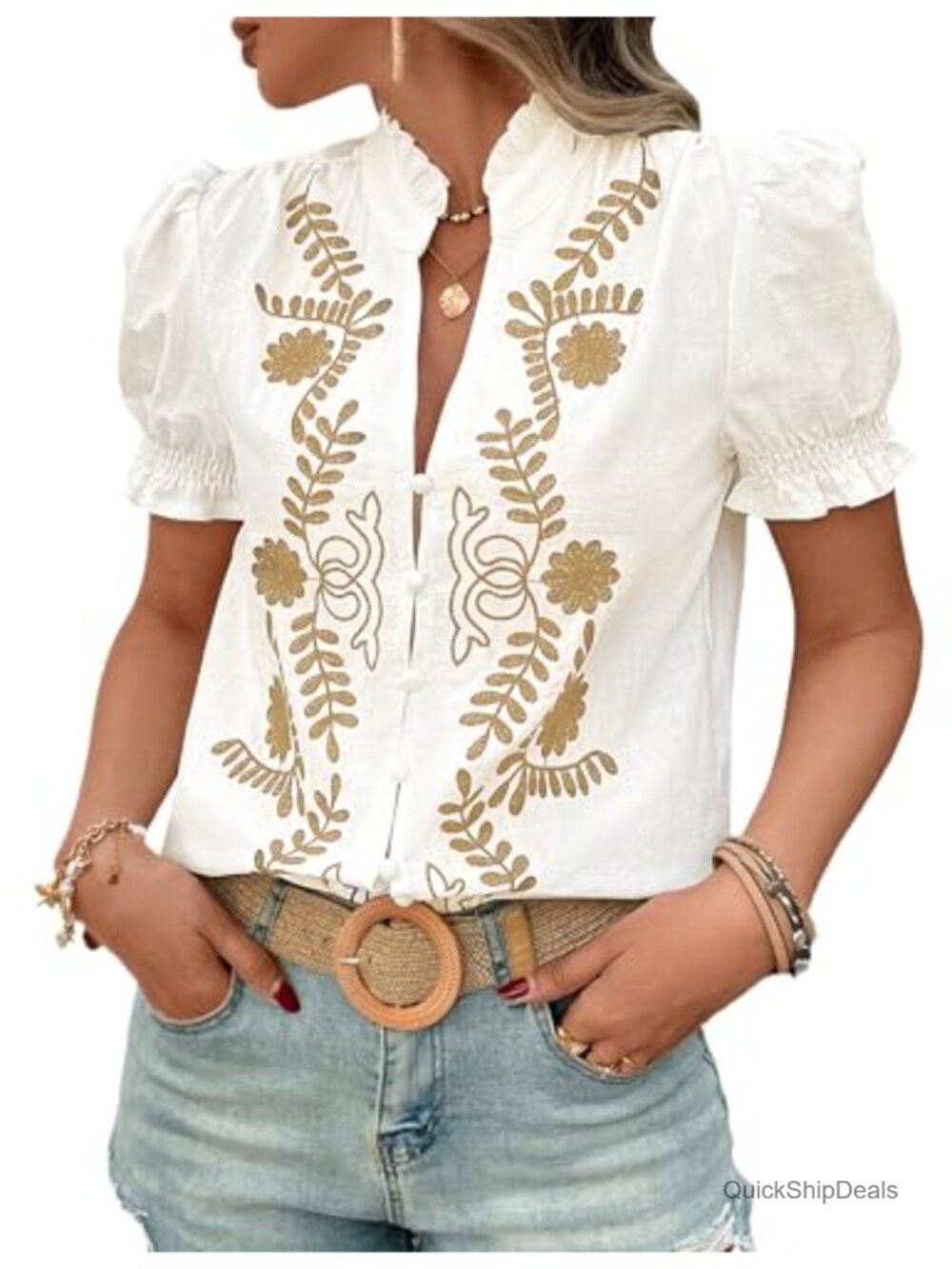 Women's Embroidered V Neck Puff Short Sleeve Button Down Blouse - Picture 1 of 6